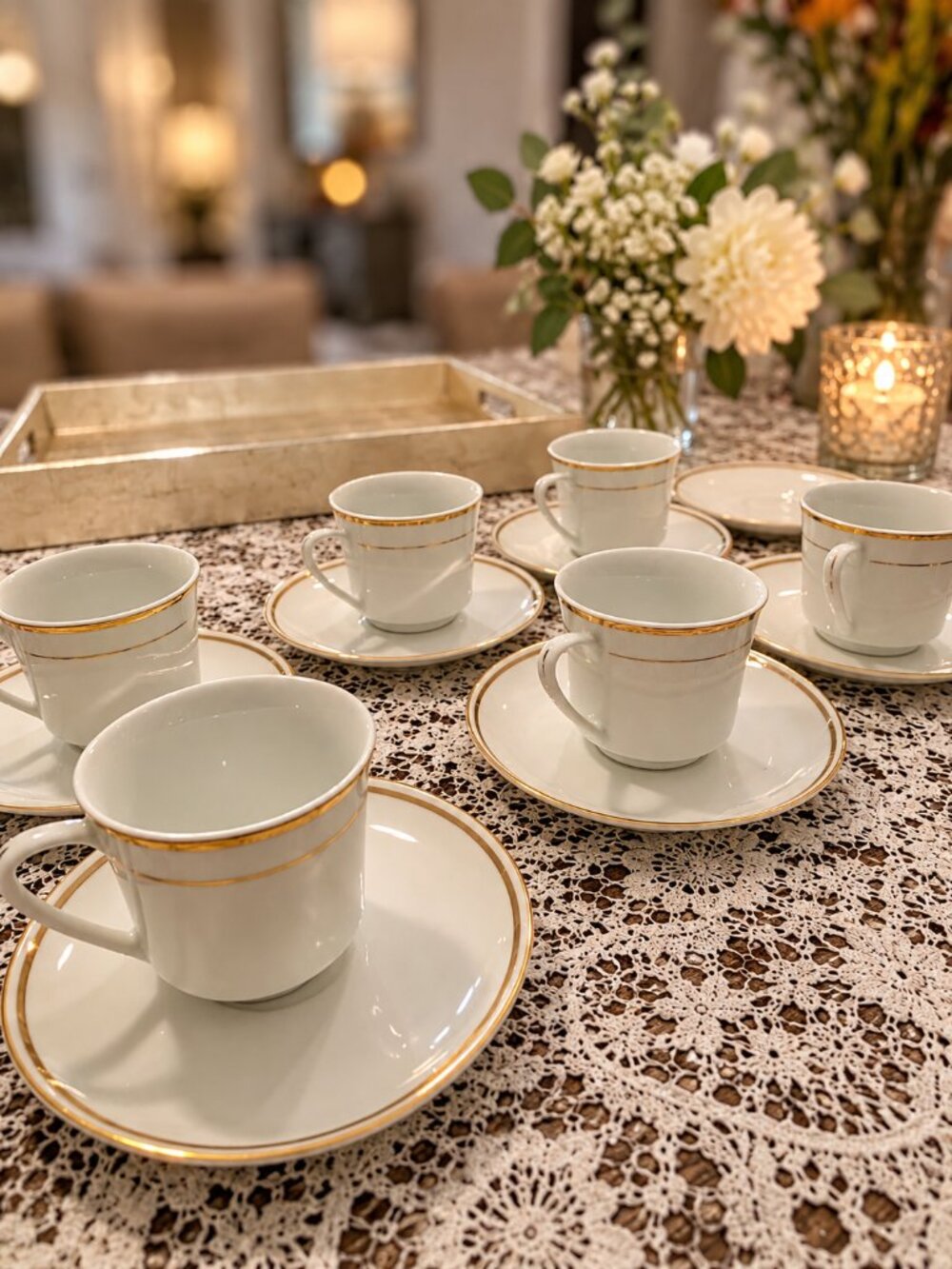 Vintage St. Regis Fine China Japan Cup & Saucer Set White Gold Trim – 6 Cups